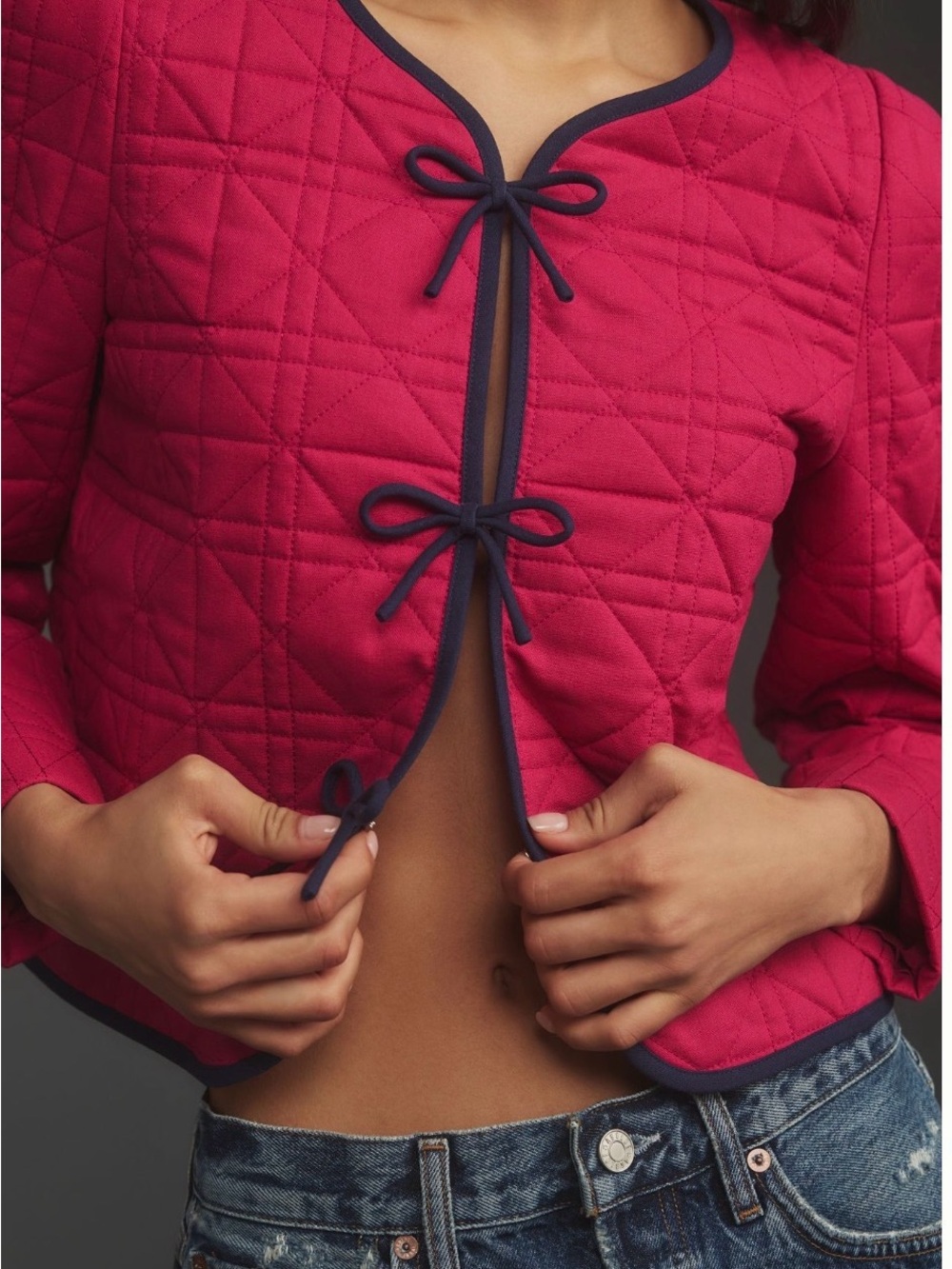 Anthropologie Quilted Pink Jacket with Navy Trim